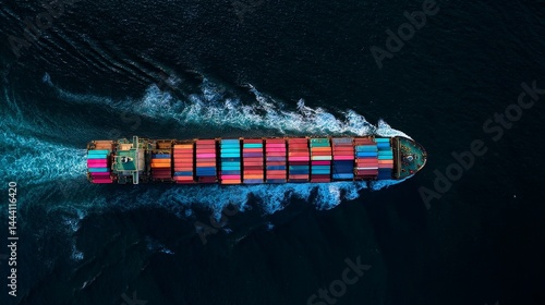 Aerial view of a cargo ship with colorful containers sailing in the open sea