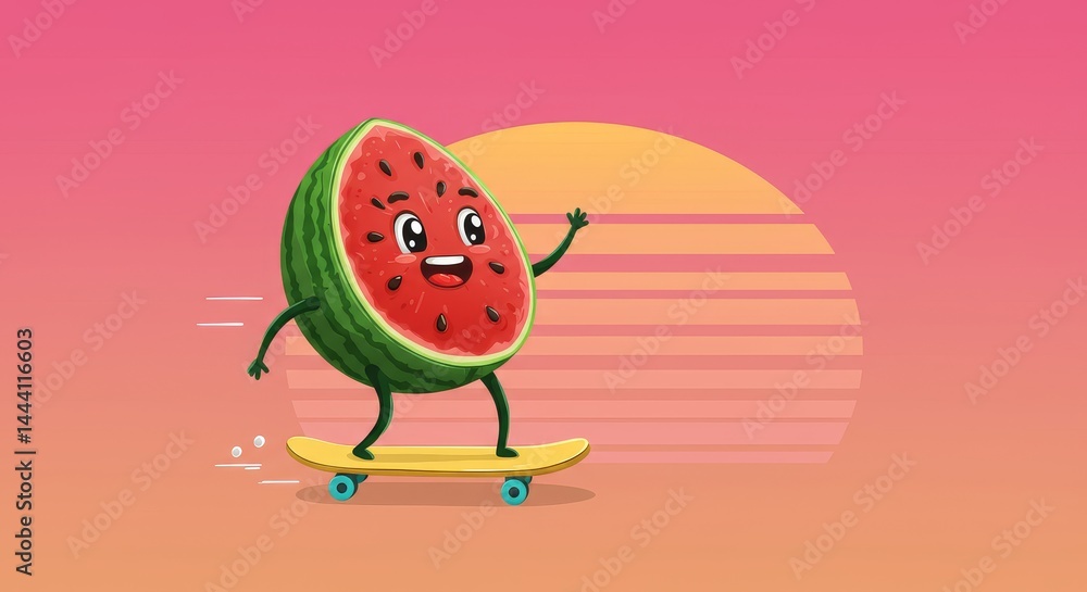 Fototapeta premium Watermelon on Skateboard at Sunset - Happy watermelon slice skateboarding towards a setting sun. Fun summer fruit character design
