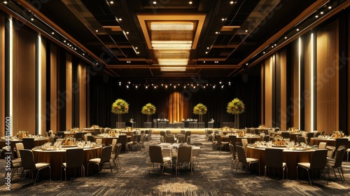 Elegant banquet hall set for a grand event with decor