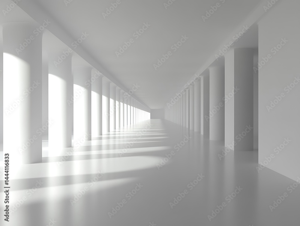 Infinite white hallway with column pillars, architectural space design Infinite white hallway with column pillars, architectural space design