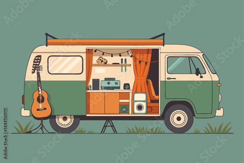 Illustrate a 1970s hippie podcasting from a vintage van, showcasing recording equipment & retro vibes. Include detailed van interior & hippie aesthetic.