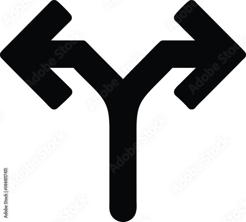 Black Split Arrow Icon – Left or Right Direction Symbol for Decision, Route, or Path Choice. Ideal for Navigation, Maps, and UI Design. Clean Vector for Road or Process Indication.