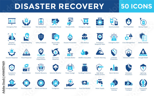 Disaster Recovery icons set with emergency plan, preparedness, risk assessment, evacuation route, disaster drills, emergency supply, first aid kit, communication icon. Simple flat vector 
