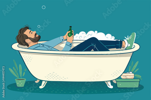 Create a vibrant, stylized vector illustration of a man soundly asleep in a bathtub overflowing with bubbles, emphasizing a comical, over-the-top style.