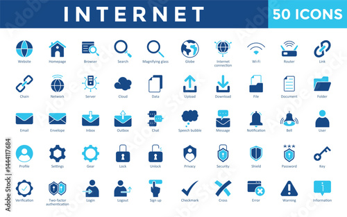 Internet icons set with website, homepage, browser, search, magnifying glass, globe, internet connection, wi-fi, router, link icon. Simple flat vector 
