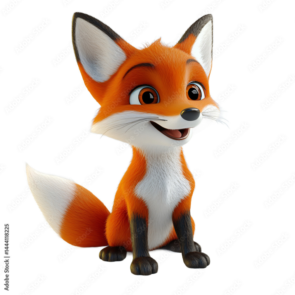 Digitally rendered, cartoon fox, sitting, and displaying a cheerful expression. Digitally rendered, cartoon fox, sitting, and displaying a cheerful expression.