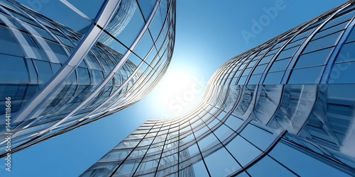 3D rendering of a modern curved glass skyscraper against a blue sky