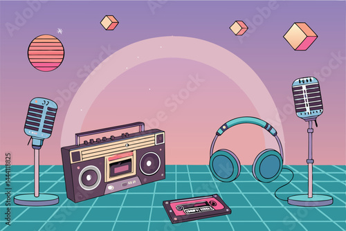A vibrant retro-futuristic podcast recording studio scene, showcasing vintage audio equipment and a futuristic aesthetic.  Emphasis on glowing lights and detailed textures.