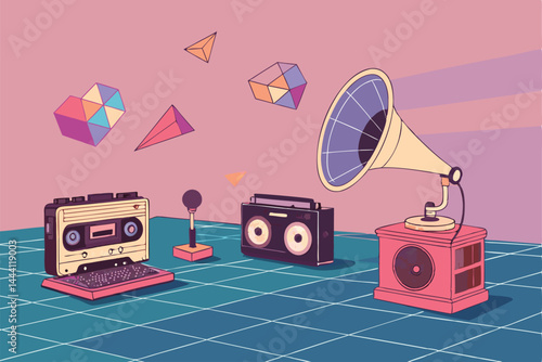 Illustrate a retro-futuristic podcast recording studio scene, showcasing vintage audio equipment alongside futuristic lighting and design elements.  Focus on a detailed, atmospheric rendering.