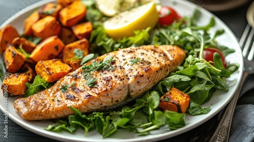 A delicious pescatarian dinner with pan-seared trout, a side of mixed greens, and roasted sweet potatoes for a full meal.