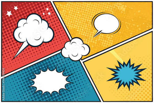 Design a retro comic book style podcasting background featuring halftone patterns, speech bubbles, and vibrant colors suitable for a podcast cover.