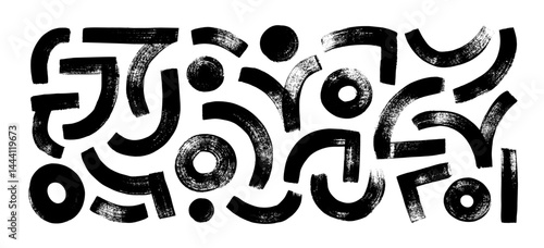 Collection of bold brush drawn curved lines, arches and circles. Hand drawn vector funky shapes for collages, graphic childish design. Wavy brush strokes, bold circles and dots isolated on white.