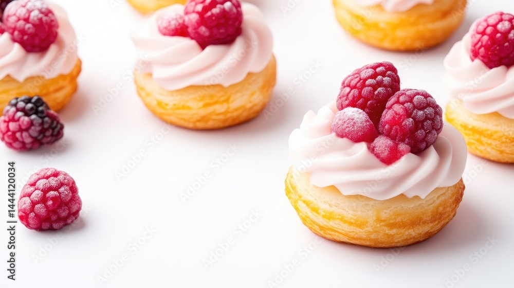 Sweet pastries, topped with raspberries and whipped cream Sweet pastries, topped with raspberries and whipped cream