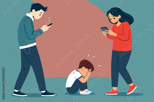 A young child sits alone, visibly upset, while their parents are engrossed in their smartphones, ignoring their child's distress.  Illustrate parental neglect due to phone addiction.