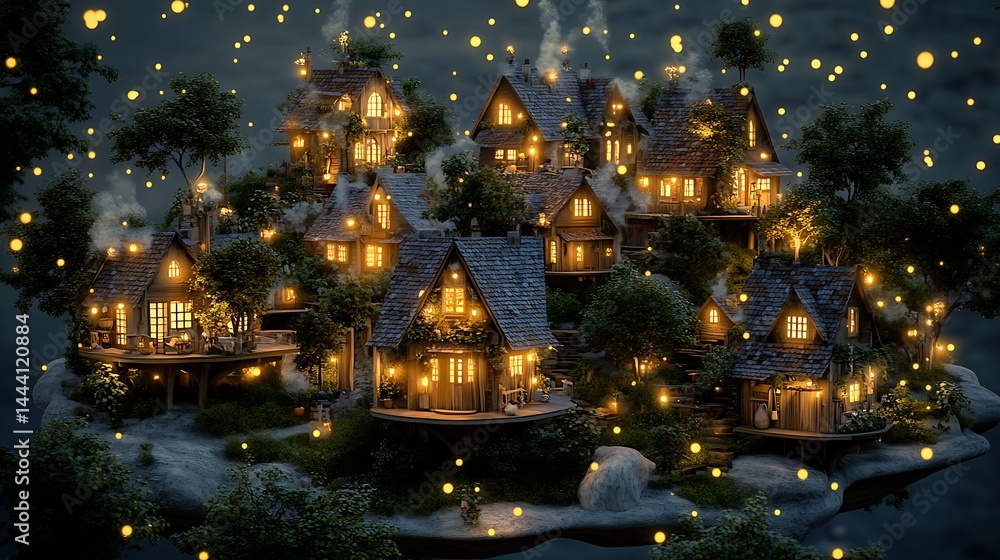 Obraz premium Magical illuminated village at night