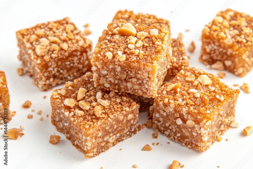 Delicious squares of nutty confectionery arranged aesthetically on a white background Delicious squares of nutty confectionery arranged aesthetically on a white background