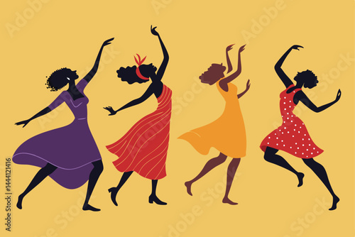 Create a seamless pattern featuring elegant silhouettes of women dancing, exhibiting fluid, graceful movement.  The style should be minimalist and chic.