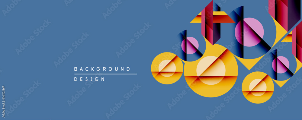 Naklejka premium Abstract geometric composition features overlapping circles, rectangles, triangles. Warm colorsyellow, purple, orangecontrast cool blue backdrop. Modern design element.