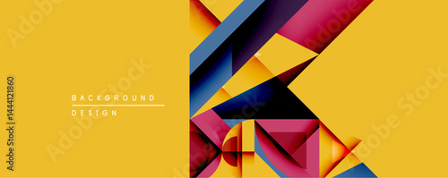 Abstract geometric composition. Overlapping shapes create dynamic visual interest. Yellow background contrasts with vibrant red, blue, magenta elements. Modern design.