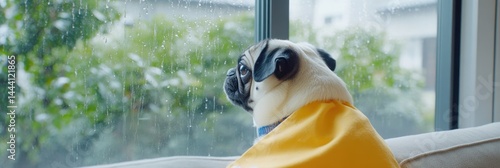 Pug in a raincoat looking out a window on a rainy day