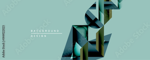 Abstract geometric shapes create dynamic composition. Teal background complements dark blue, green gradients. Modern design evokes depth, movement, visual interest.