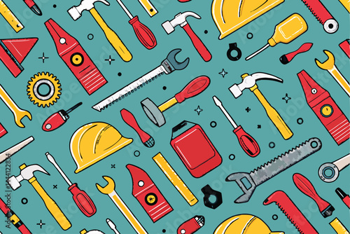 Create a seamless pattern featuring various tools and equipment commonly used in a pit, such as shovels, picks, and wheelbarrows, rendered in a realistic style.