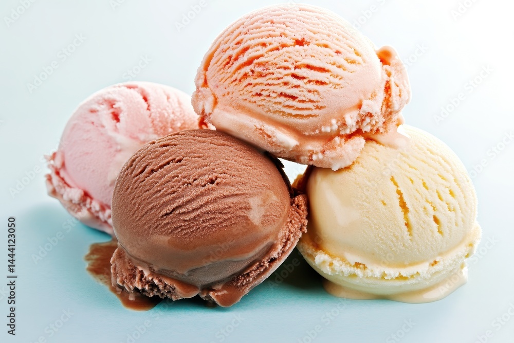Four scoops of colorful ice cream stacked together, creating a tempting dessert display Four scoops of colorful ice cream stacked together, creating a tempting dessert display