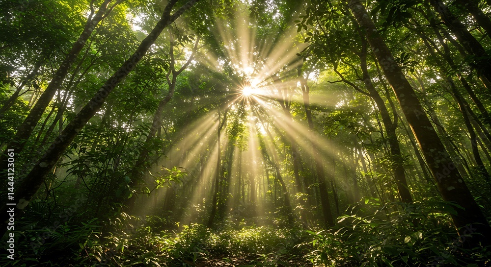 Fototapeta premium A dense jungle with sunlight piercing through the canopy