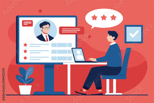 A recruiter conducts a remote job interview via video call, showcasing a professional yet comfortable home office setting.  Focus on the engaged expressions of both individuals.