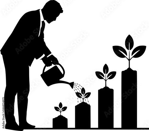 Silhouette of a businessperson watering a small plant that grows into a bar chart, symbolizing investment and growth, solid black-on-white background