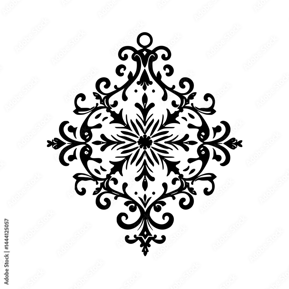 Elegant Black and White Floral Ornament Design, Symmetry, Vintage Style Elegant Black and White Floral Ornament Design, Symmetry, Vintage Style