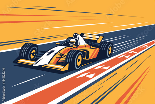A vibrant, dynamic illustration of a race car speeding into the pit lane, emphasized by bold, black outlining.  Focus on the car's motion and the intensity of the race.