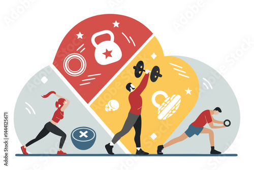 Design a vibrant web header showcasing diverse kettlebell exercises for a fitness website.  Include diverse models and dynamic poses.