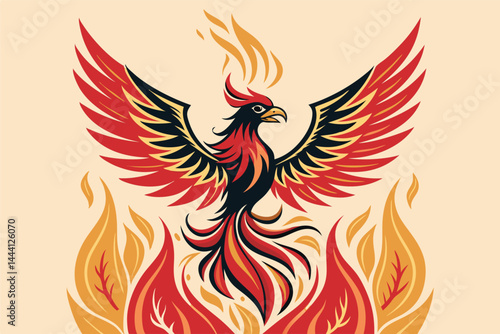 Create a flat vector illustration of a stylized phoenix bird rising from flames, showcasing vibrant colors and intricate details.  Focus on a dynamic and powerful pose.