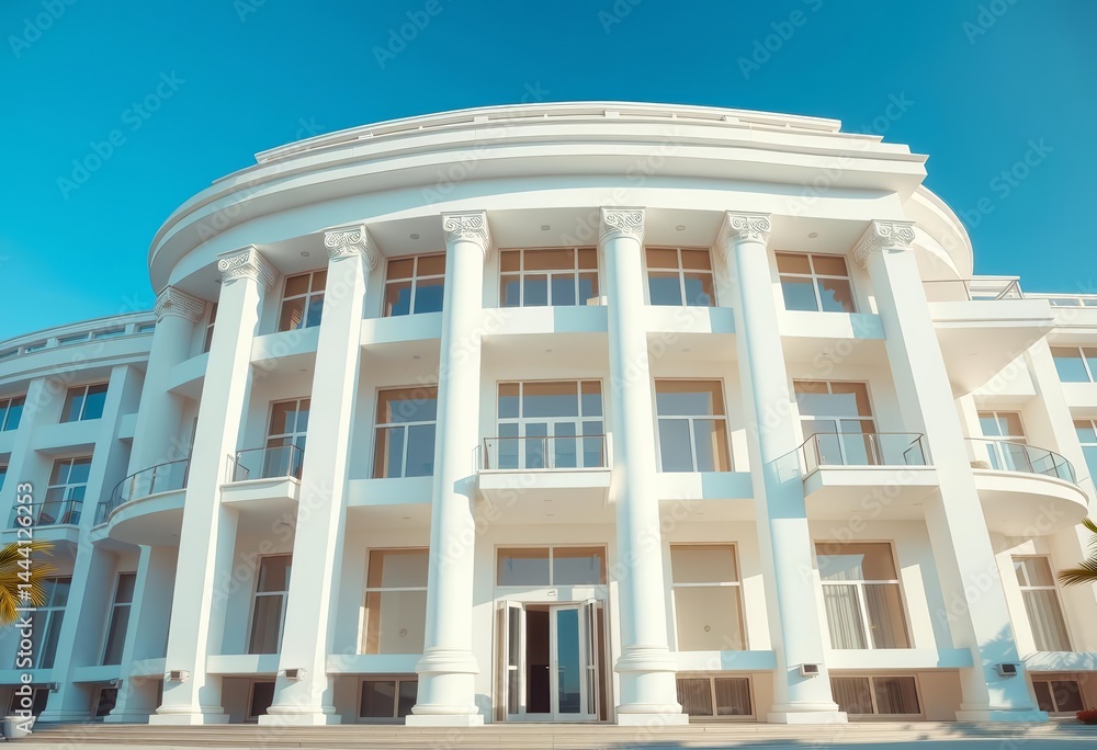 Fototapeta premium Sleek white modern building, grand columns, spacious balconies, spacious, home