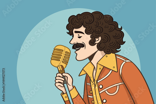Create a stylized portrait of a podcast host with a prominent curly mustache, reminiscent of 1970s fashion.  He should exude charisma and confidence.