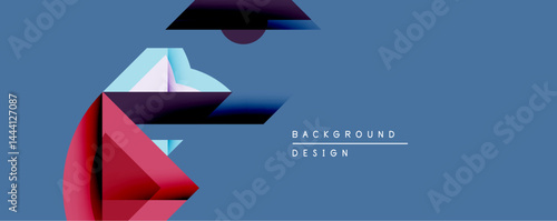 Abstract geometric shapes overlap, creating dynamic composition. Blue background contrasts with red, purple, light blue gradients. Modern design element for backgrounds or presentations.