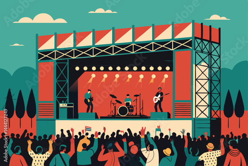 Create a stylized vector illustration of an energetic open-air concert scene, showcasing vibrant colors, dynamic silhouettes, and a lively atmosphere.