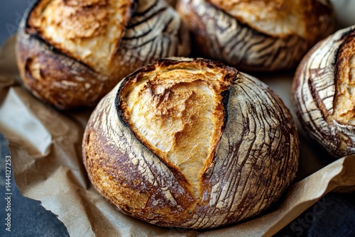 Wallpaper Mural Freshly baked artisanal bread loaves resting on parchment paper in a rustic kitchen setting Torontodigital.ca