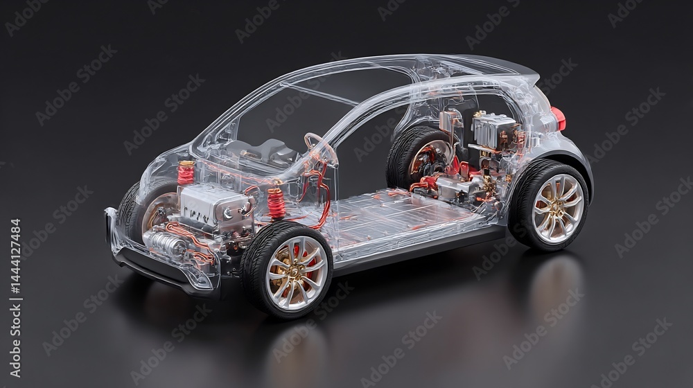 Naklejka premium Transparent Vehicle Model Displaying Internal Mechanism with Detailed Components