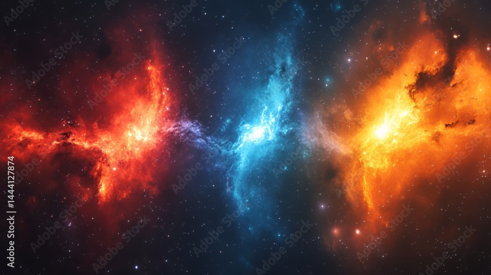 A stunning cosmic nebula in vibrant hues of red, blue, and orange. A stunning cosmic nebula in vibrant hues of red, blue, and orange.