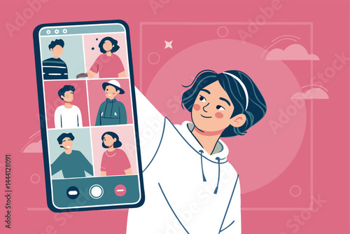 A teenage girl obsessively takes selfies, her face distorted by excessive filters and unnatural poses, showcasing the addictive nature of social media validation.