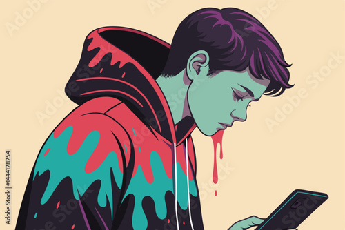 A teenager's form dissolves into a glowing smartphone screen, illustrating the blurring lines between real and digital identity in modern society.