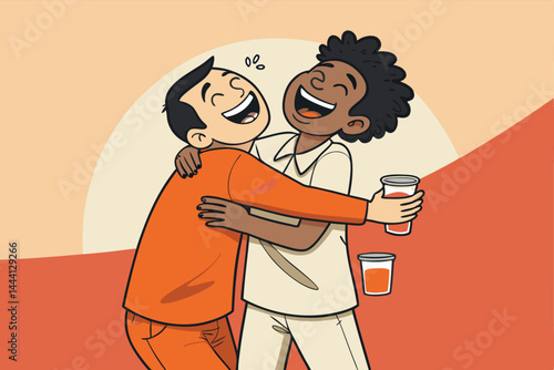 Two intoxicated friends embrace, laughing hysterically, showcasing genuine, uncontrolled mirth.  Capture the chaotic joy of inebriation.