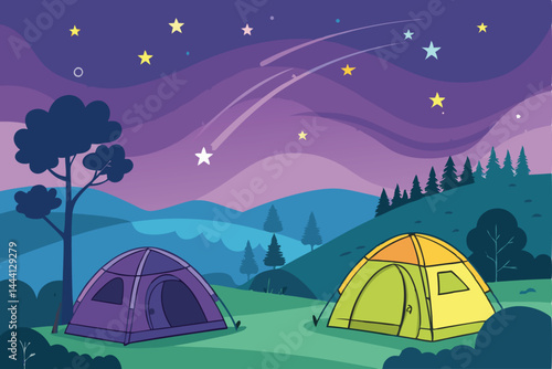 Create a vector illustration of several camping tents nestled in a vibrant meadow under a breathtaking, detailed galaxy night sky.
