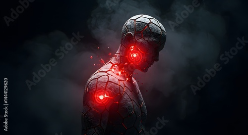 Digital male with glowing spine and neck pain in moody lighting