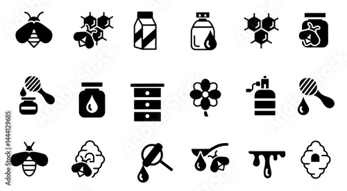 Honey and beekeeping flat icons vector set with editable stroke. Bee, beehive, honeycomb, honey, jars, hive, spoons, flowers icons collection on white background. Vector illustration