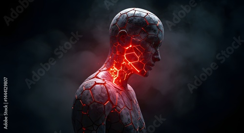 Cracked futuristic anatomy with glowing shoulder and neck pain