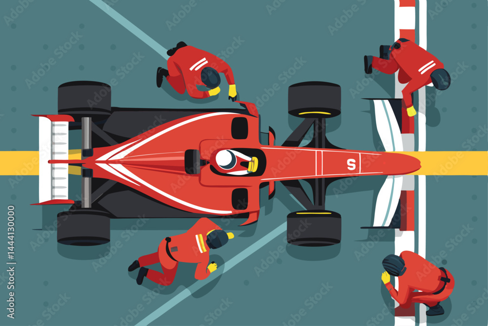 Obraz premium Overhead vector illustration of a Formula 1 race car entering a pit stop, showcasing tire change mechanics and equipment.