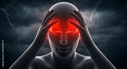 Digital figure holding head in pain with glowing red temples